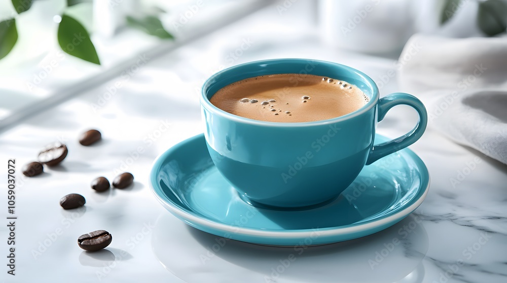 Blue ceramic coffee cup on white marble table with scattered coffee beans, minimalist composition, bright natural lighting, turquoise cup and saucer, modern styling. Blue ceramic coffee cup on white marble table with scattered coffee beans, minimalist composition, bright natural lighting, turquoise cup and saucer, modern styling.