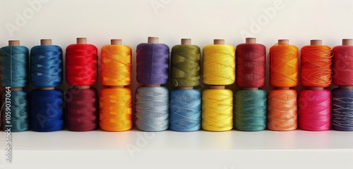 Colorful Spools of Thread Arranged in a Row on a White Surface
