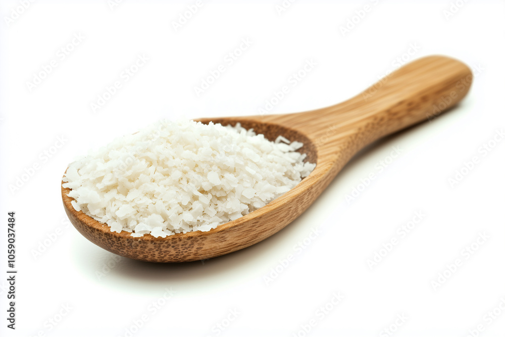 Coconut flakes in a wooden spoon on a white background Coconut flakes in a wooden spoon on a white background