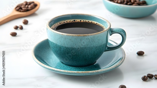 Blue ceramic coffee cup on white marble table with scattered coffee beans, minimalist composition, bright natural lighting, turquoise cup and saucer, modern styling.