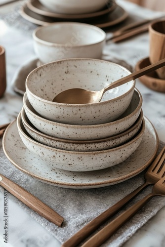 Rustic dining table set with stacked kitchen plates and fresh flowers in vase