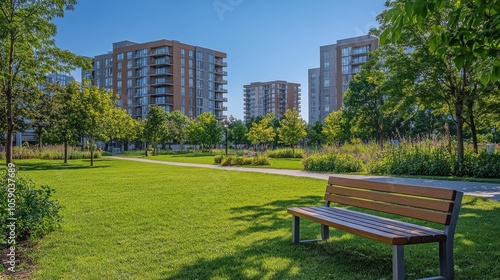 Park bench under trees with city buildings and sunset in the background