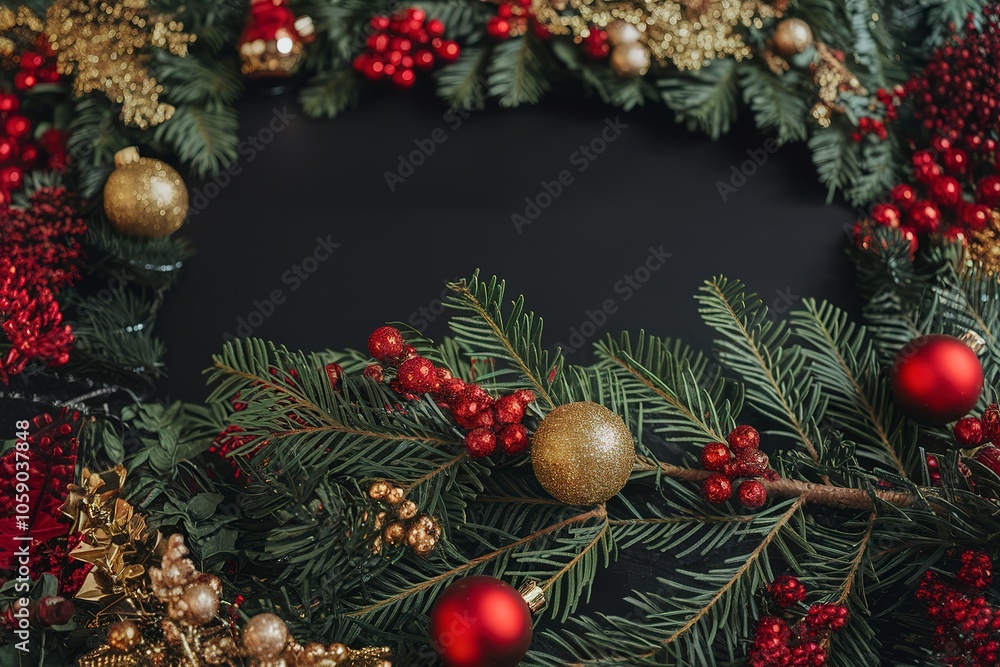 A photo of a Christmas-themed flat lay composition with a tabletop filled with red and golden decorations A photo of a Christmas-themed flat lay composition with a tabletop filled with red and golden decorations
