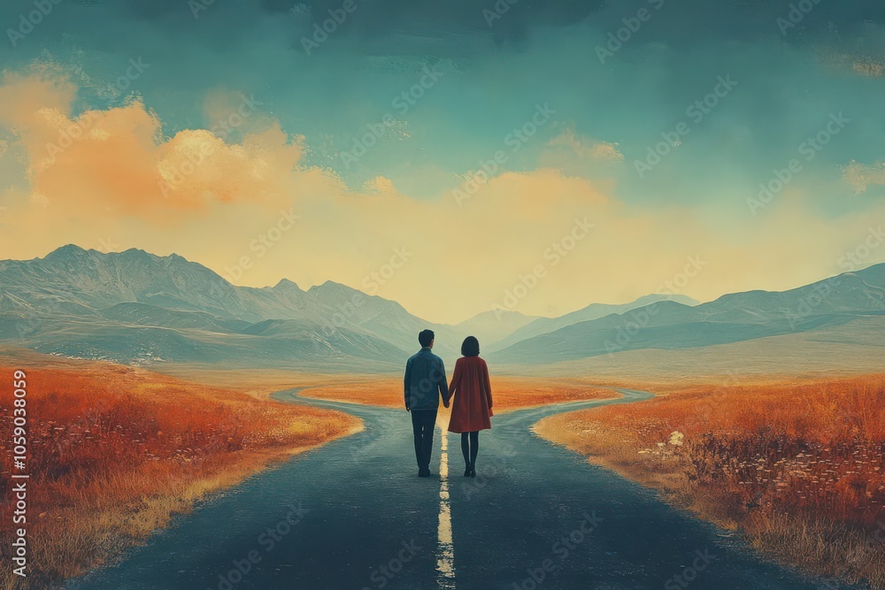A road diverging into two distinct paths, with the couple standing at the fork, looking away from each other A road diverging into two distinct paths, with the couple standing at the fork, looking away from each other