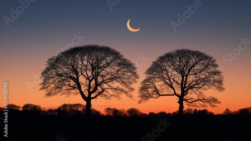 Crescent moon rises above silhouetted trees at twilight in a tranquil landscape