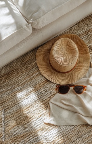 Straw Hat and Sunglasses Resting on White Couch in the Summer Sun