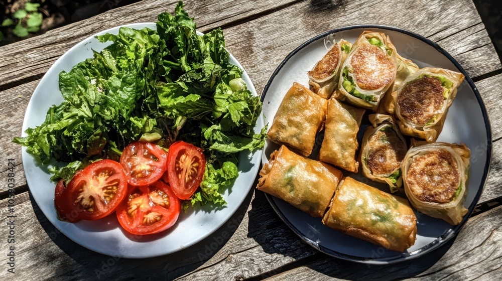 Fresh Salad and Spring Rolls on Wooden Table Fresh Salad and Spring Rolls on Wooden Table