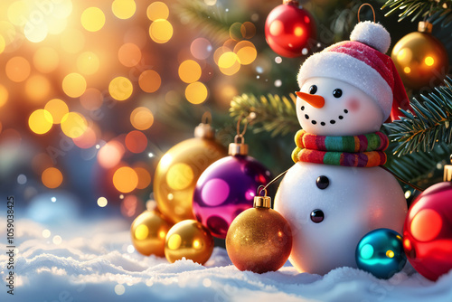 Festive Christmas scene with a snowman, colorful ornaments, and bokeh lights in the background.