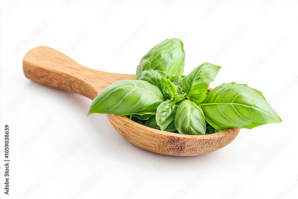 Green basil leaves in wooden spoon on white background Green basil leaves in wooden spoon on white background