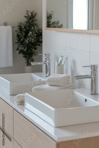 Modern bathroom with double sinks and neatly arranged towels in a bright setting