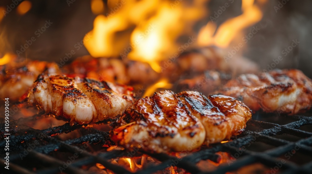 Butter-basted lobster tails grilling on an open flame, with char marks and golden crust. Butter-basted lobster tails grilling on an open flame, with char marks and golden crust.