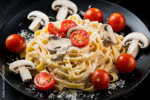 fettuccine alfredo with mushrooms and cherry tomatoes. photo