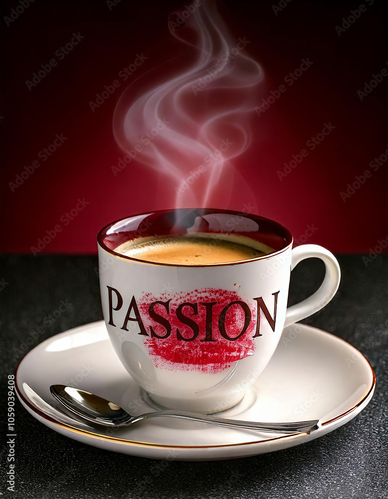 Coffee cup with steam, featuring word PASSION in bold letters, evokes warmth and energy, perfect for coffee lovers Coffee cup with steam, featuring word PASSION in bold letters, evokes warmth and energy, perfect for coffee lovers