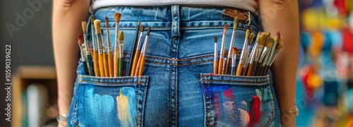 Woman's Blue Jeans Filled With Paintbrushes and Pencils