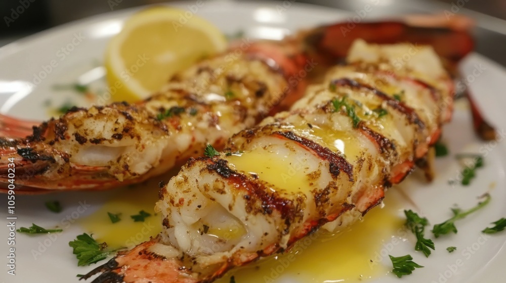 Grilled lobster tail served with melted butter, lemon, and parsley on a white plate Grilled lobster tail served with melted butter, lemon, and parsley on a white plate