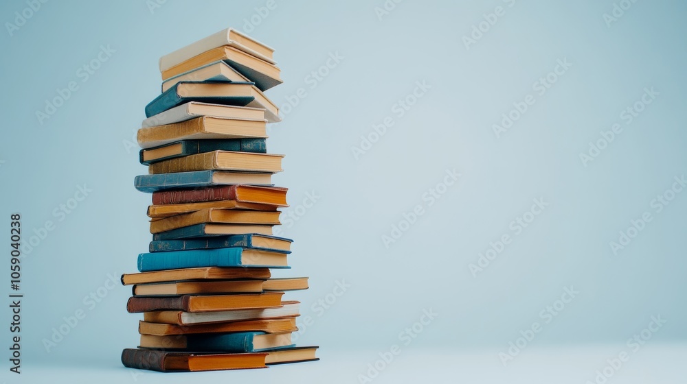 Tall Stack of Books on Blue Background Literature Education Knowledge Library Tall Stack of Books on Blue Background Literature Education Knowledge Library