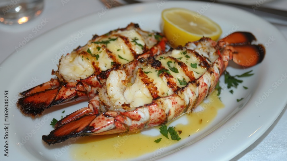 Grilled lobster tail served with melted butter, lemon, and parsley on a white plate Grilled lobster tail served with melted butter, lemon, and parsley on a white plate