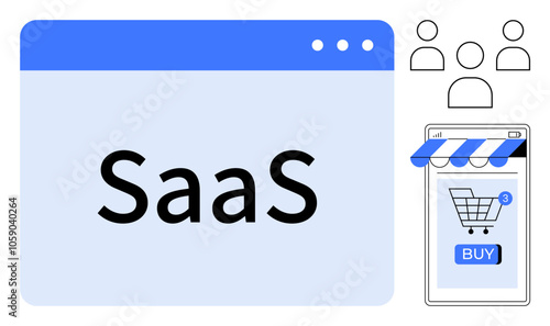 Large text reads SaaS within a computer window. Icons represent users and a shopping cart on a mobile app screen. Ideal for software as a service e-commerce user interaction online shopping mobile