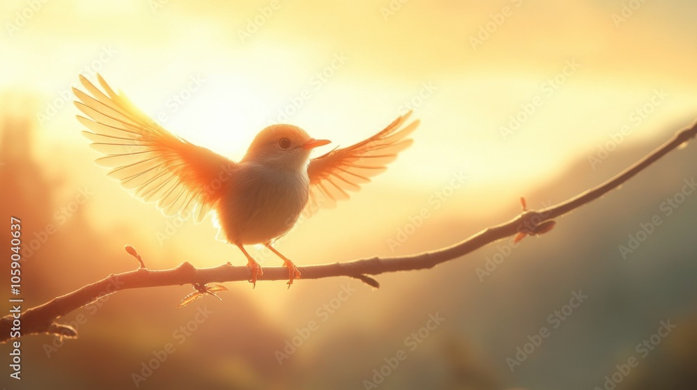 Fototapeta premium Elegant Bird Perched on Branch at Sunrise