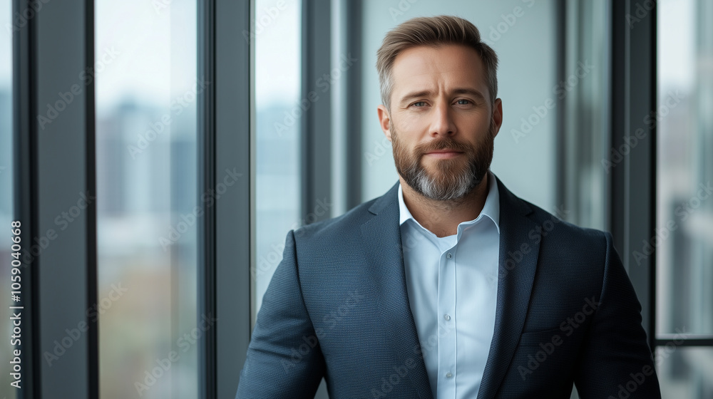 confident man in tailored suit stands in modern office setting, showcasing professionalism and style. His well groomed beard and sharp attire reflect contemporary business environment. confident man in tailored suit stands in modern office setting, showcasing professionalism and style. His well groomed beard and sharp attire reflect contemporary business environment.