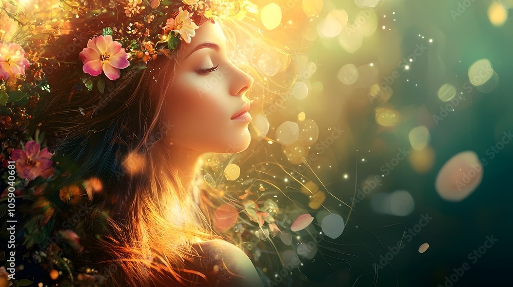 Fototapeta premium Mystical Ethereal Portrait of a Serene Woman with Floral Headpiece Evoking the Spirit of Nature
