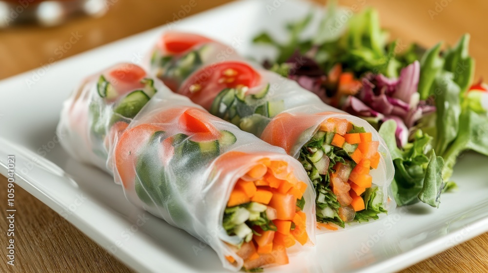 Fresh Vegetable Rice Rolls on Plate Fresh Vegetable Rice Rolls on Plate