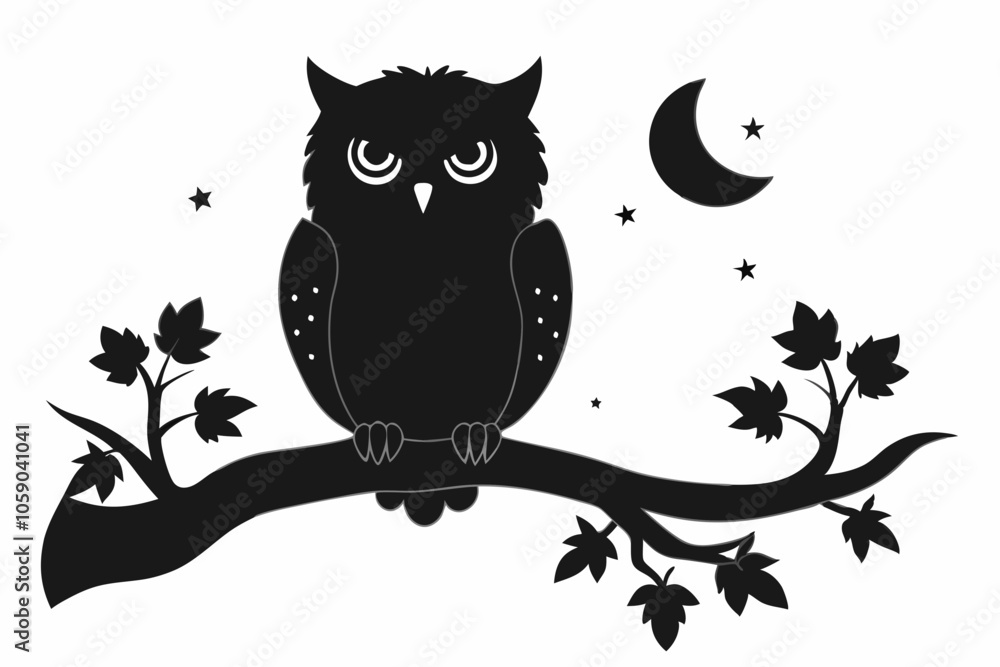 Owl Silhouette Vector on Tree Branch at Night Owl Silhouette Vector on Tree Branch at Night