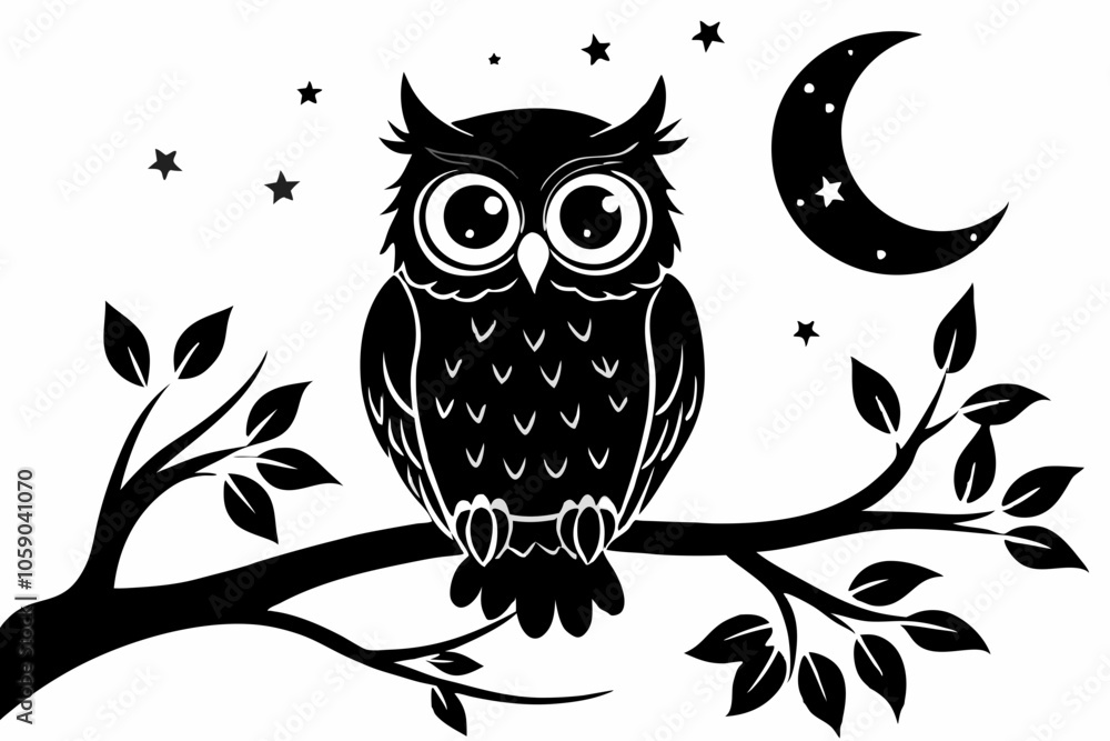 Owl Silhouette Vector on Tree Branch at Night Owl Silhouette Vector on Tree Branch at Night