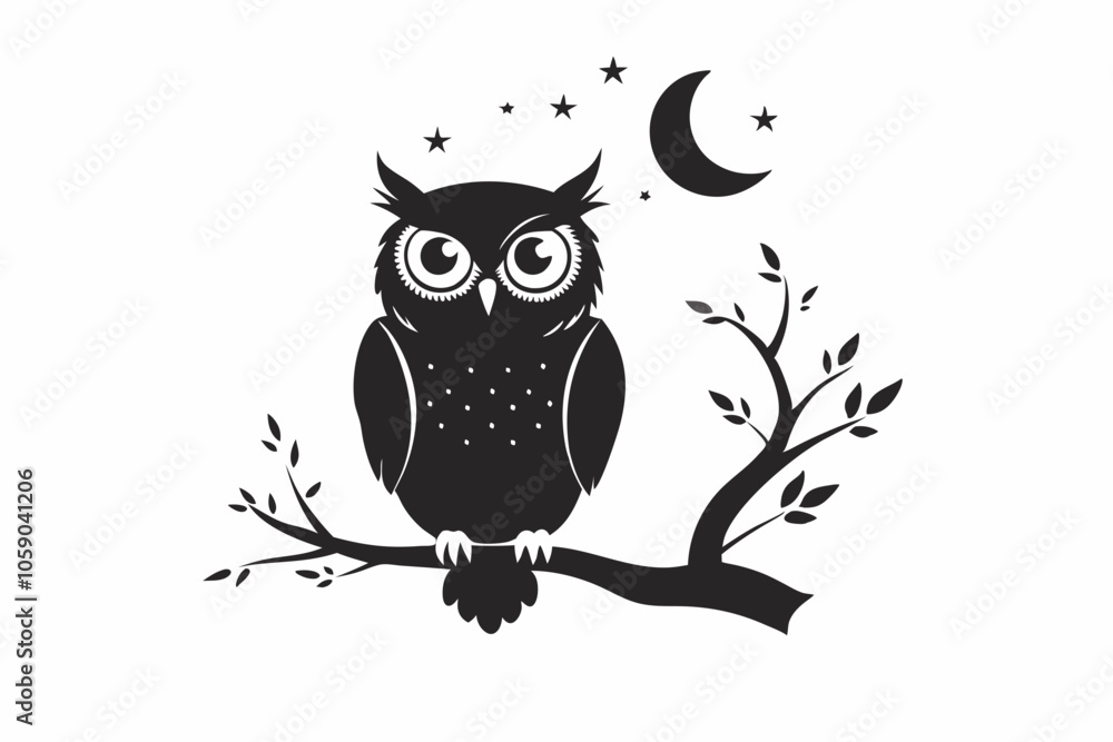 Fototapeta premium Owl Silhouette Vector on Tree Branch at Night