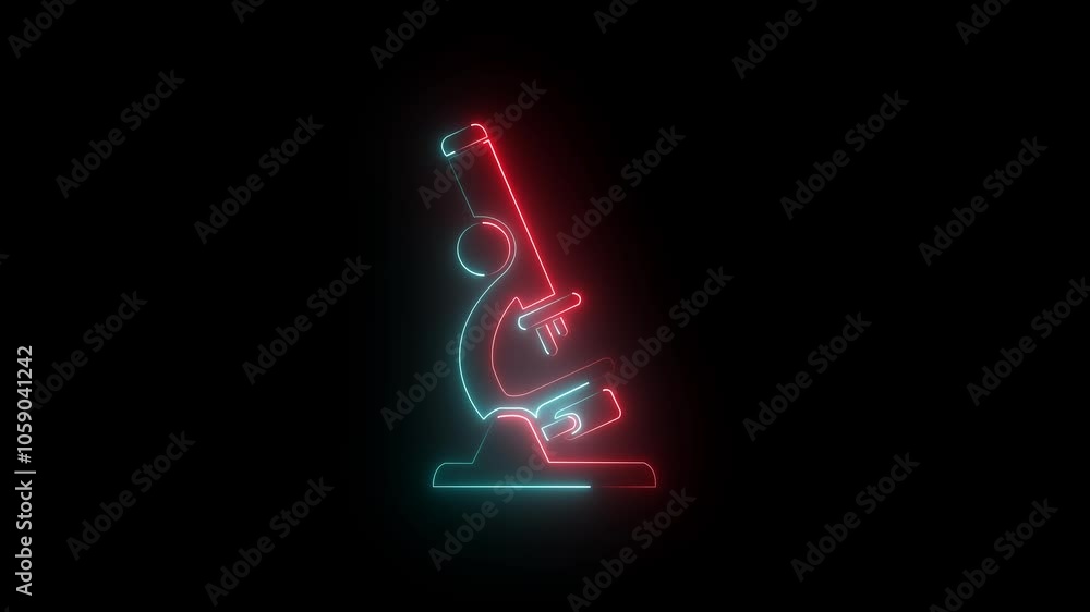 Glowing microscope icon with red and cyan neon effect with black screen background. Glowing microscope icon with red and cyan neon effect with black screen background.