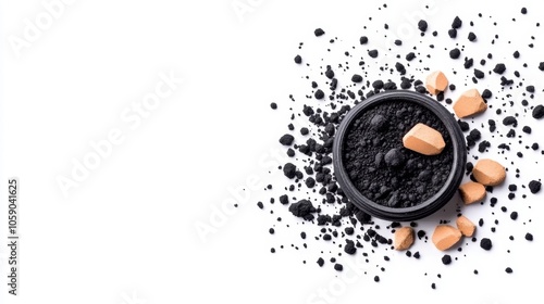 Activated Charcoal Powder in Bowl with Spilled Powder on White Background