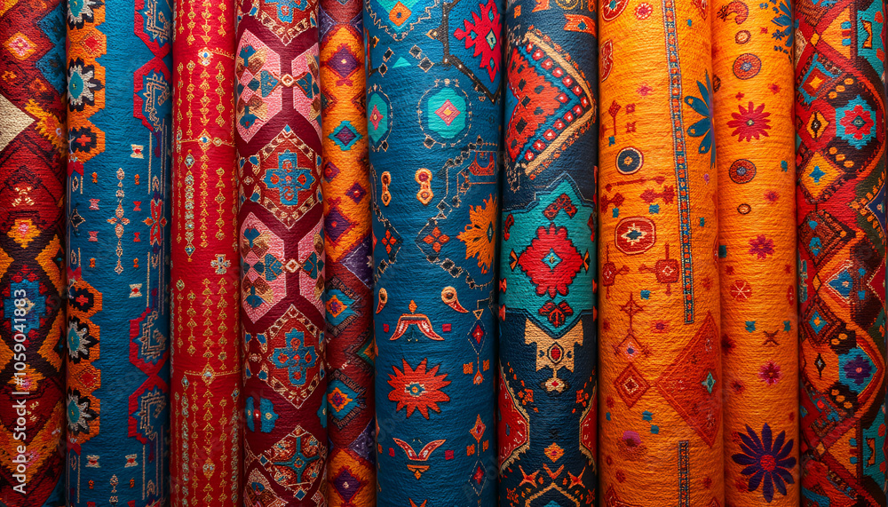 Vibrant textiles with ethnic patterns featuring intricate designs and bold colors