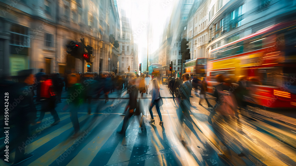 Walking People Blur: Wide Panoramic View of People Crossing the Road in the City of London Walking People Blur: Wide Panoramic View of People Crossing the Road in the City of London