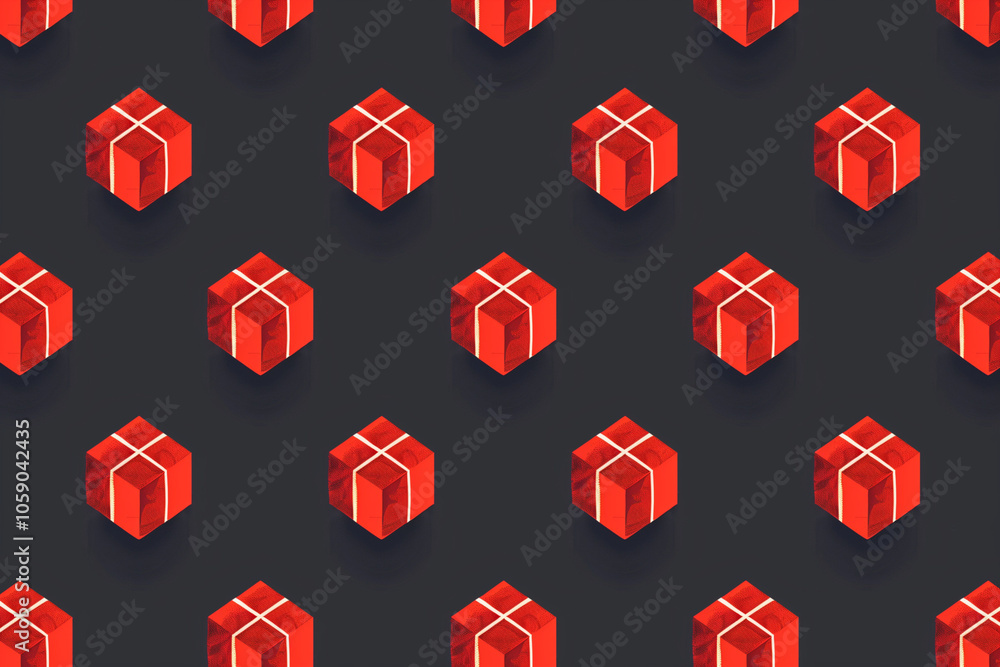 A pattern of gift boxes in shades of red and green, arranged in rows on an isolated dark background A pattern of gift boxes in shades of red and green, arranged in rows on an isolated dark background