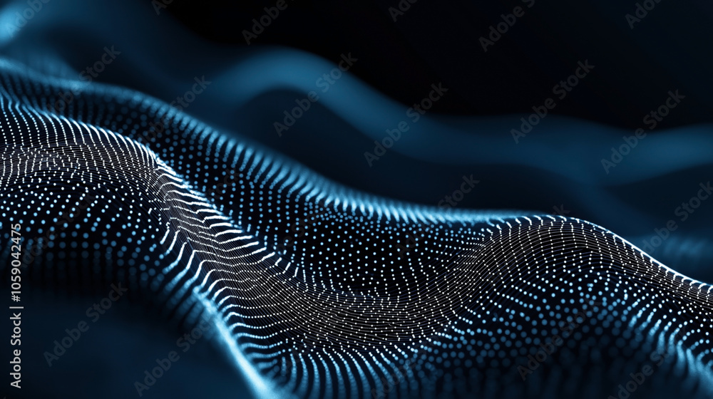 custom made wallpaper toronto digitalAbstract digital landscape with blue dots and lines forming a dynamic wave pattern on a dark background, representing data flow or connectivity.