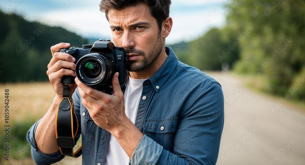 Caucasian photographer with camera serious look casual attire scenic outdoor background early thirties male Caucasian photographer with camera serious look casual attire scenic outdoor background early thirties male