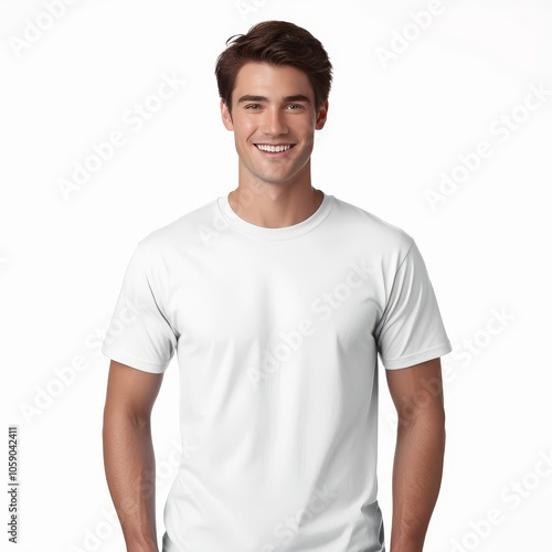 Male fashion model in a white t-shirt. Smile with teeth joy on a white isolated background, trendy clothing style, copy space, space for text