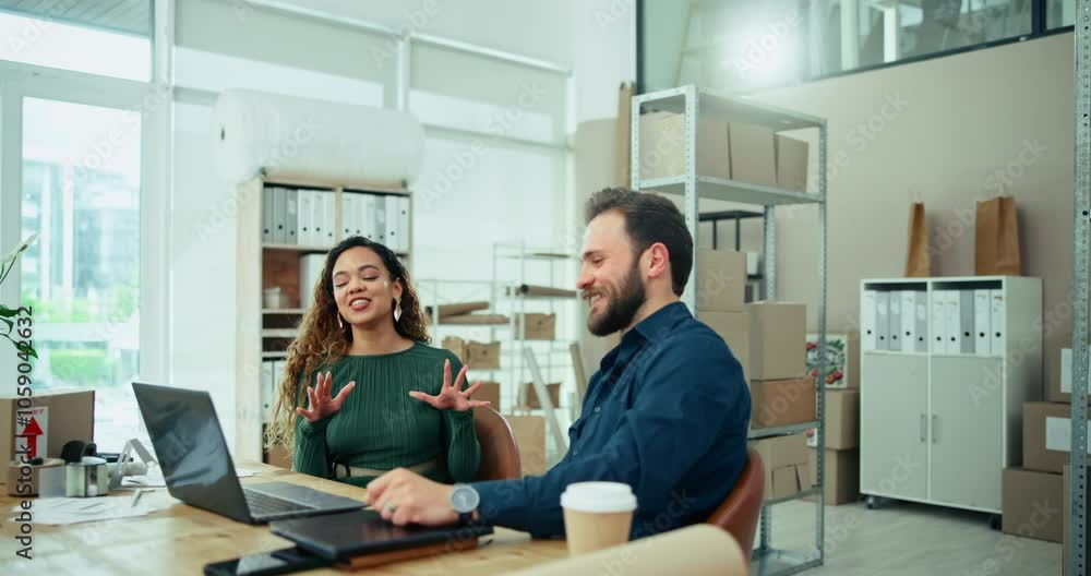 Man, woman and fist bump with celebration for shipping, distribution and small business courier service. Ecommerce, laptop and people with supply chain for online shopping, logistics and order Man, woman and fist bump with celebration for shipping, distribution and small business courier service. Ecommerce, laptop and people with supply chain for online shopping, logistics and order