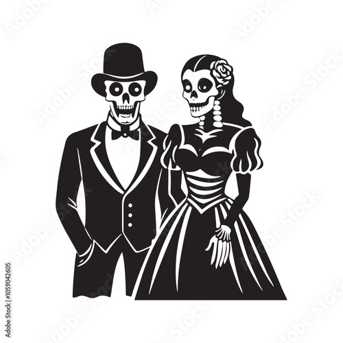 A skeleton couple dressed in formal attire, holding hands. Stylized Skeleton Bride and Groom Illustration for Halloween. Perfect for Halloween, Day of the Dead, or gothic-themed designs.