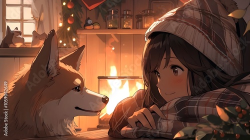 Cozy Cottage Companions:Girl and Fox Enjoying Firelit Warmth in Rustic,Anime-Inspired Scene