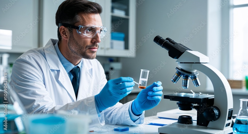 Latin biology researcher analyzing samples intense look lab coat and goggles science lab with microscopes early forties male Latin biology researcher analyzing samples intense look lab coat and goggles science lab with microscopes early forties male