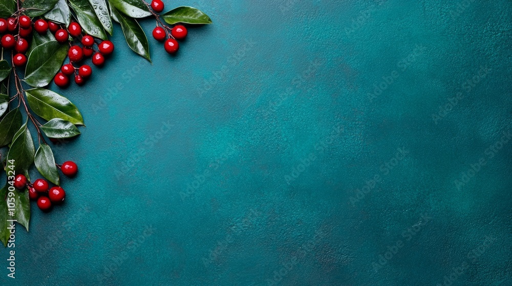 Teal Background with Red Berries and Green Leaves for Christmas or Holiday Design Teal Background with Red Berries and Green Leaves for Christmas or Holiday Design