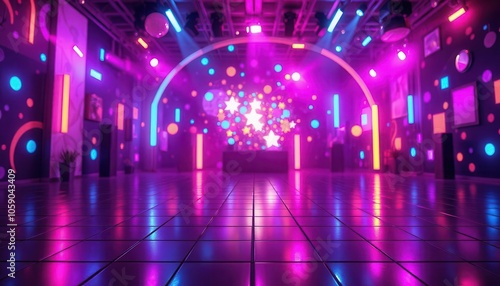 Wallpaper Mural Vibrant retro-inspired disco dance floor with neon lights, colorful patterns, and disco balls Torontodigital.ca