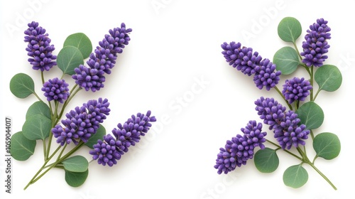 Purple Lavender and Eucalyptus Floral Border on White Background