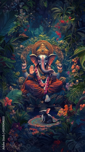 Ganesha sitting on the throne, with his mouse by his side, colorful floral background, detailed illustration, full-body portrait, detailed face and eyes, smiling, smiling mouth, 