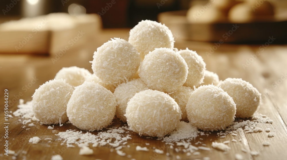 Coconut Confections Piled on Wooden Table Coconut Confections Piled on Wooden Table