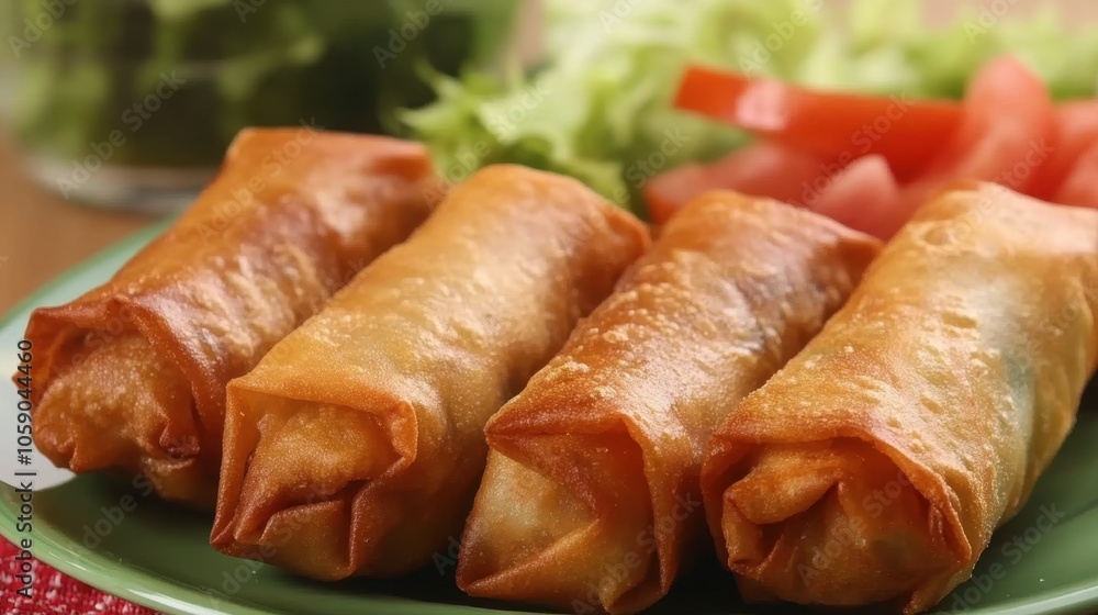 Crispy Golden Spring Rolls on Green Plate Crispy Golden Spring Rolls on Green Plate