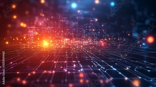 Digital grid abstract background with tech elements representing AI and data