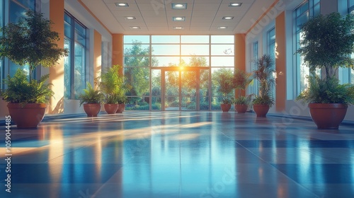 A modern and spacious hallway with large windows and potted plants, flooded with warm sunlight.