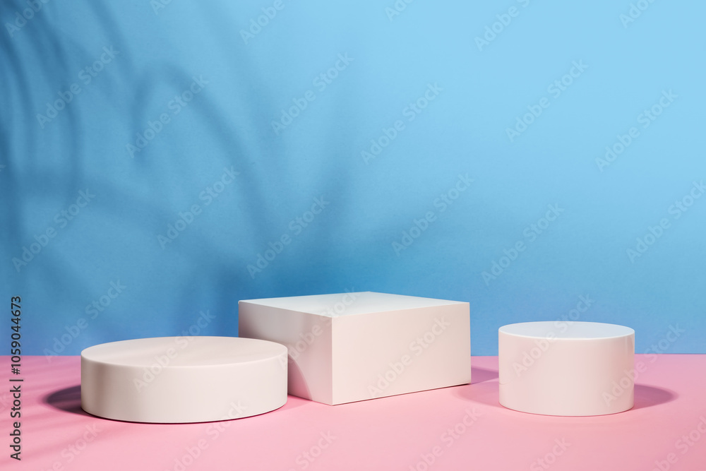 Blue background for product presentation with shadows and light. Empty podiums. Mockup Blue background for product presentation with shadows and light. Empty podiums. Mockup